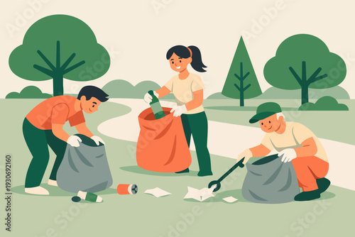 People volunteering to clean up a park, collecting litter and garbage, promoting ecology