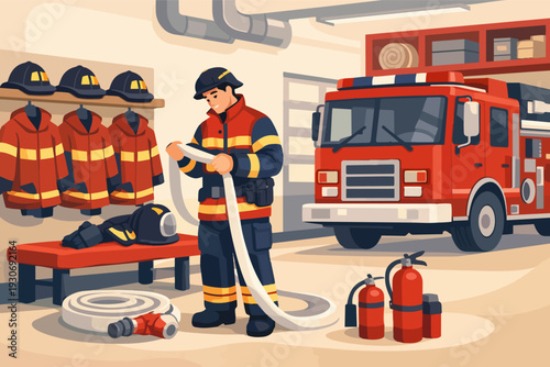 Firefighter inspecting hose in fire station, preparing for emergency response