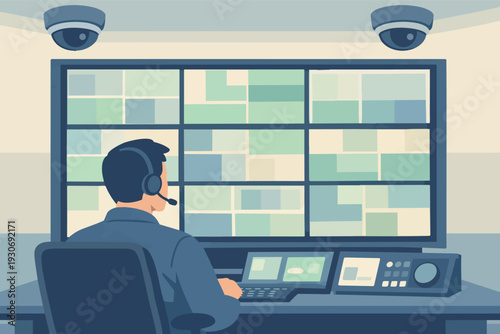Security guard monitoring cctv surveillance system in control room