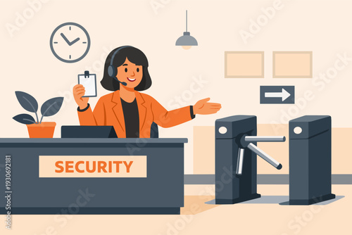 Security guard welcoming visitors at turnstile entrance, showing id card access