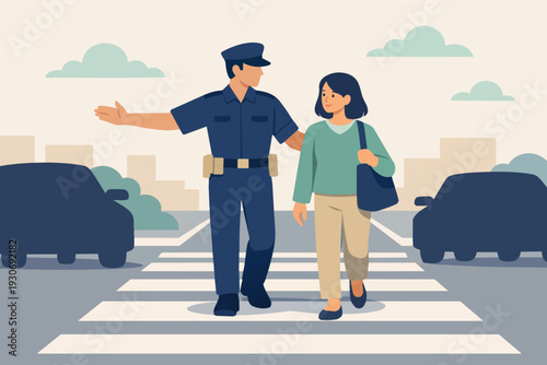 Police officer helping woman crossing street at crosswalk guiding traffic safely