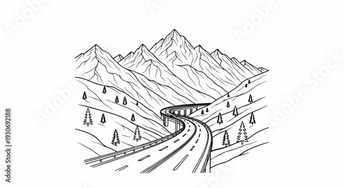 Winding mountain highway with viaduct and pine trees