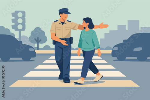 Police officer helping woman crossing street in crosswalk, ensuring pedestrian safety