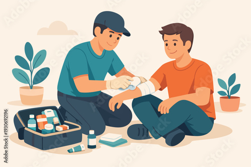 Man providing first aid to another man's arm, applying bandage for injury treatment