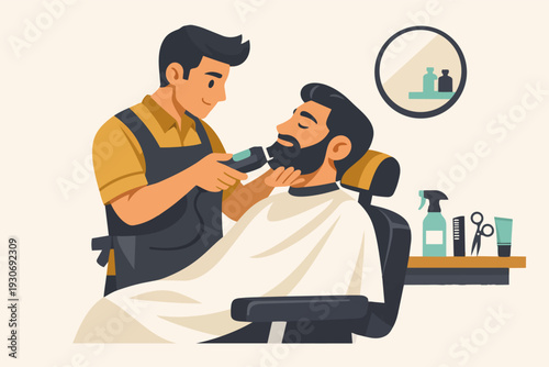 Barber providing beard trimming service to a client in a barbershop chair