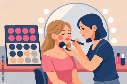 Makeup artist applying cosmetics to client's face with brushes at vanity table