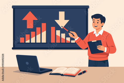 Presenting data analysis showing growth and decline with an educator character