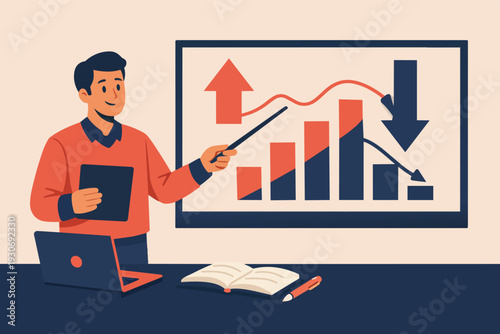 Analyzing market trends during a presentation, showing financial growth and loss