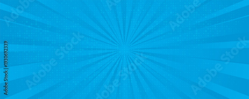 Comic background. Pop art texture. Starburst cartoon style. Anime design with explosion effect for print. Fun dot pattern. Blue backdrop with halftone gradient.