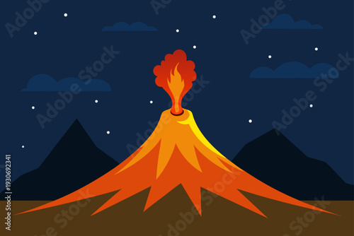 Vector volcano eruption at night