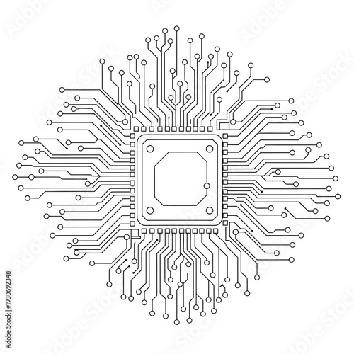 Detailed illustration of a microprocessor chip with circuit board connections.