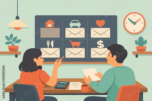 Couple planning household budget and managing finances at home