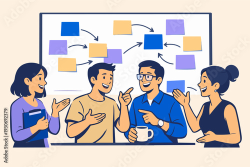 Business people brainstorming ideas, collaborating on project workflow and planning strategy