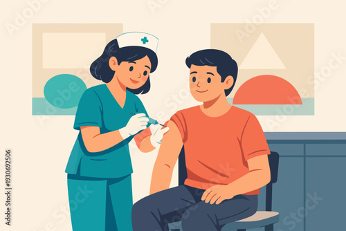 Nurse administering vaccine injection to patient at clinic, promoting public health