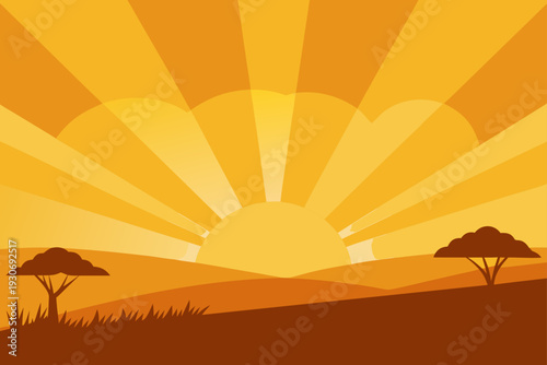 Vector sunset landscape with trees
