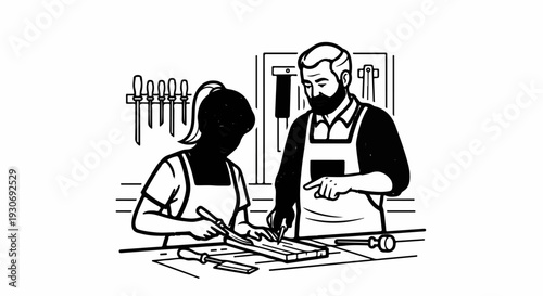 Two people working on wood with tools in a workshop