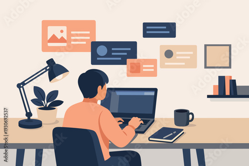 Man working on laptop at home office desk, focusing on remote work and online study