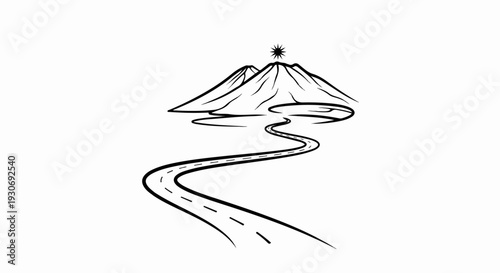 Winding road leads to a mountain peak with a bright star at summit