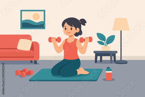 Woman training at home lifting dumbbells on yoga mat practicing fitness