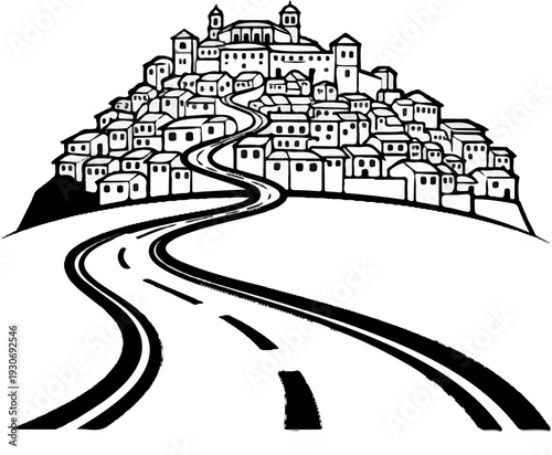 Winding road leads to a picturesque hilltop village with buildings