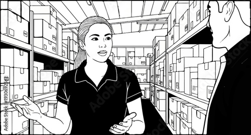 Two people stand in a warehouse aisle with stacks of boxes on shelves