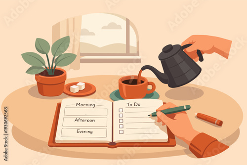 Person planning daily tasks and schedule, writing a to-do list while drinking coffee