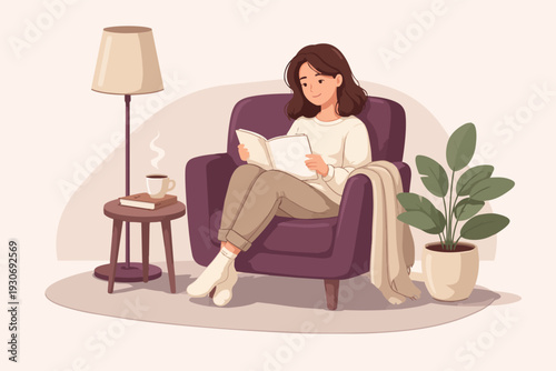 Woman enjoying a book, sitting comfortably in an armchair with coffee and a plant nearby