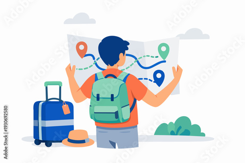 Young man holding a map, navigating a travel route for a trip or vacation adventure