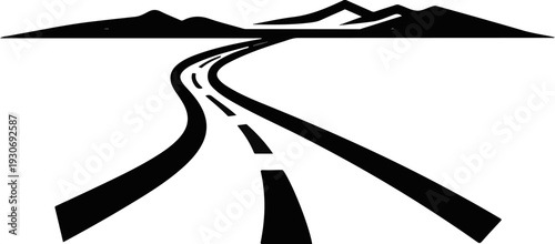 Winding road leads to distant, dark mountains under a bright sky