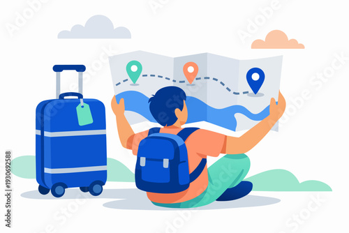 Traveler planning journey, reading paper map with location pins and packed suitcase