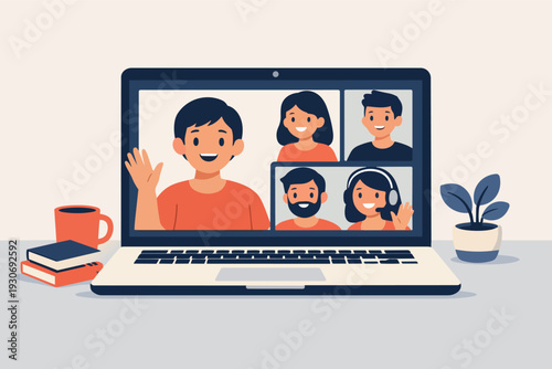 People having a video conference call on laptop screen, remote work communication