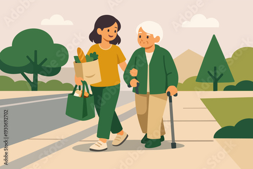 Young woman helping elderly person walking and carrying grocery bags