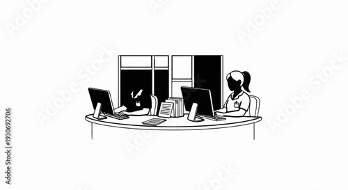 Two individuals working at computers behind a reception desk
