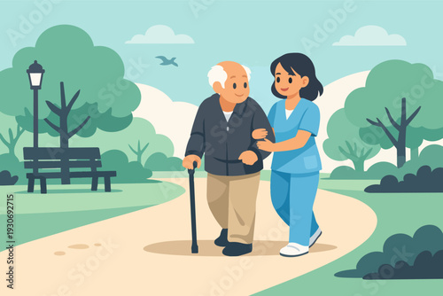 Caregiver assisting senior man walking with cane in park path, elder support