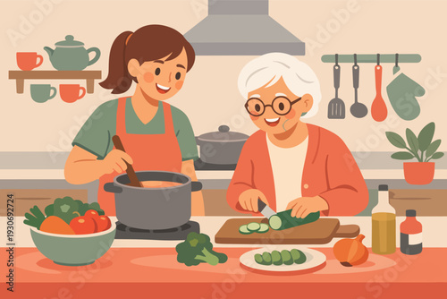 Granddaughter and grandmother cooking healthy vegetables together in kitchen