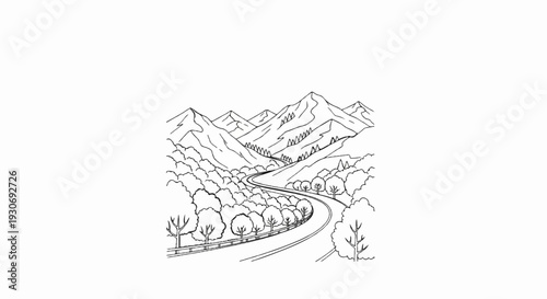 Winding road through a mountain valley with trees and distant peaks