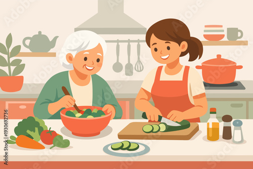 Grandmother and daughter cooking healthy fresh vegetables together in a kitchen