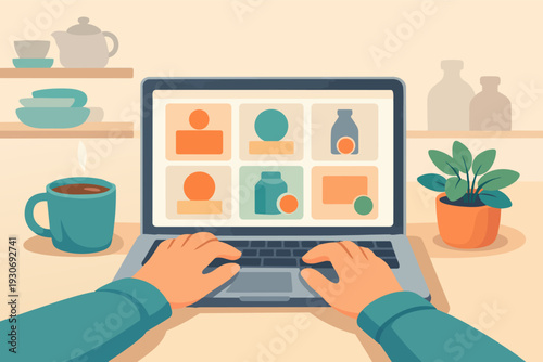 Hands typing on laptop, viewing product options for online shopping in home office