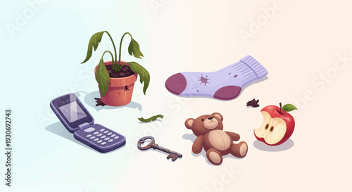 Wilted plant, phone, teddy, sock, key, and bitten apple still life
