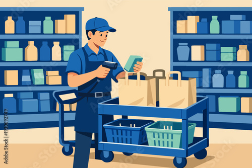 Retail worker scanning products for online grocery order fulfillment service