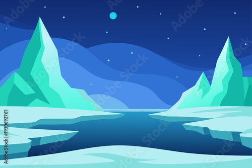 Vector illustration of icy landscape with icebergs and night sky
