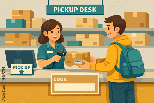 Customer receiving parcel from smiling employee at pickup desk