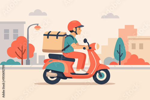 Courier service worker riding motor scooter for fast food delivery in city