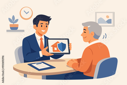 Financial advisor discussing home insurance options with a senior client