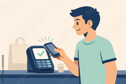 Person making a secure mobile payment using a smartphone and pos terminal