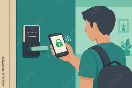 Man unlocking smart door lock with smartphone application and digital key