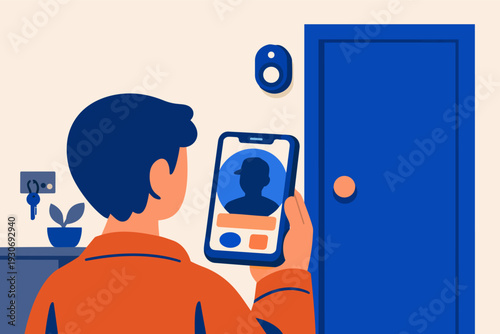 Person using smart doorbell app on smartphone for home security and delivery