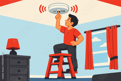 Man testing smoke detector for home safety and fire protection