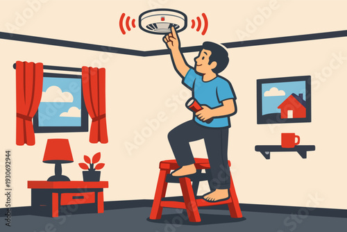 Man testing smoke detector in a home, ensuring fire safety and protection