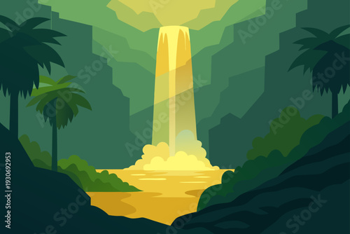 Vector illustration of a tropical waterfall landscape